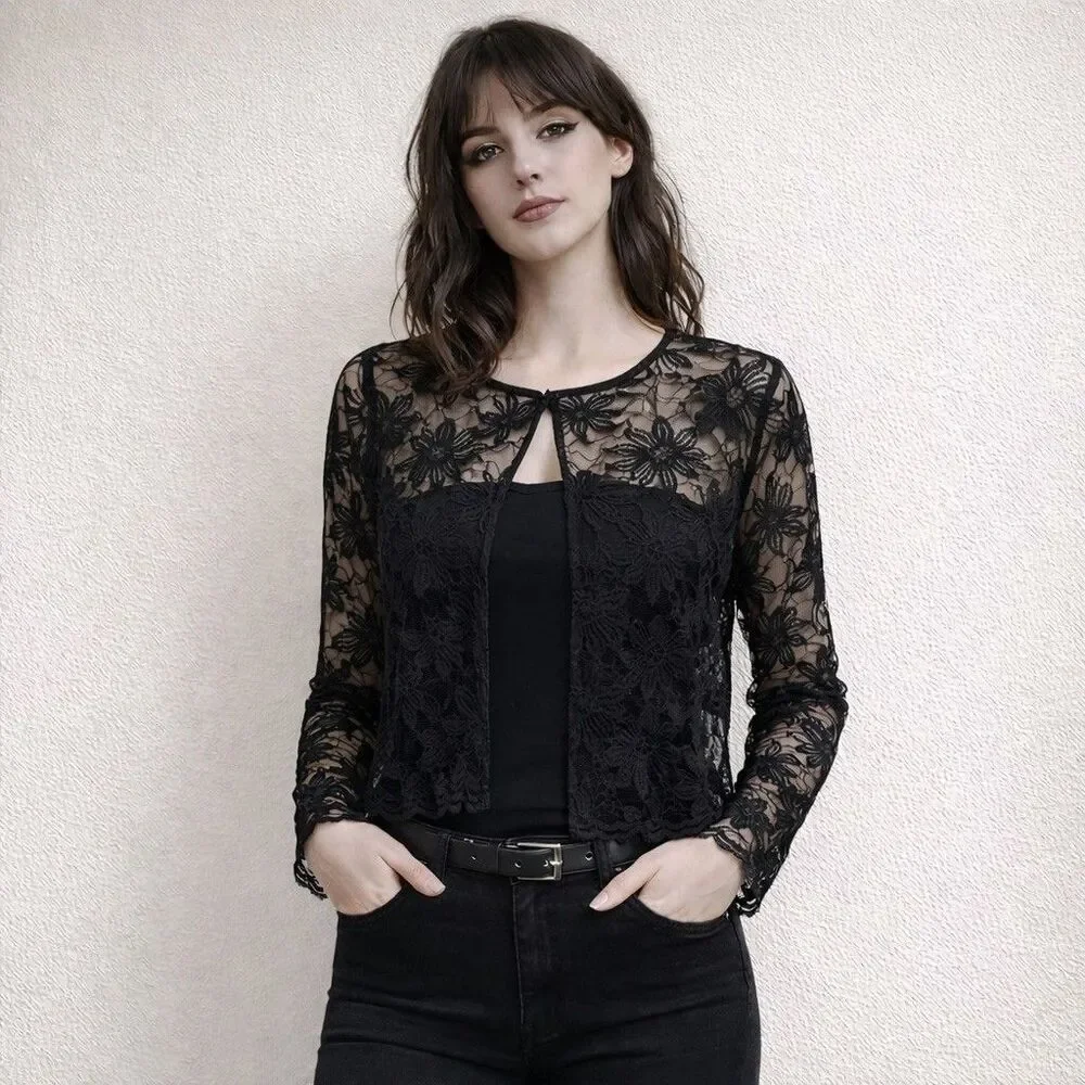 Onyx Nite VTG Black Sheer Lace Cropped Cardigan Top Sz M Goth Dark Romantic Alt